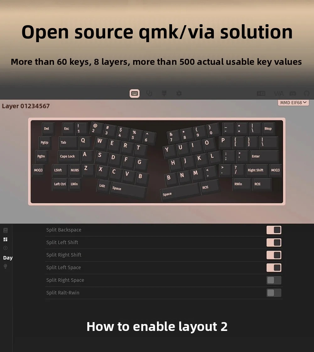 Detailed specification table for MMD-EIF68 three-mode ergonomic keyboard.